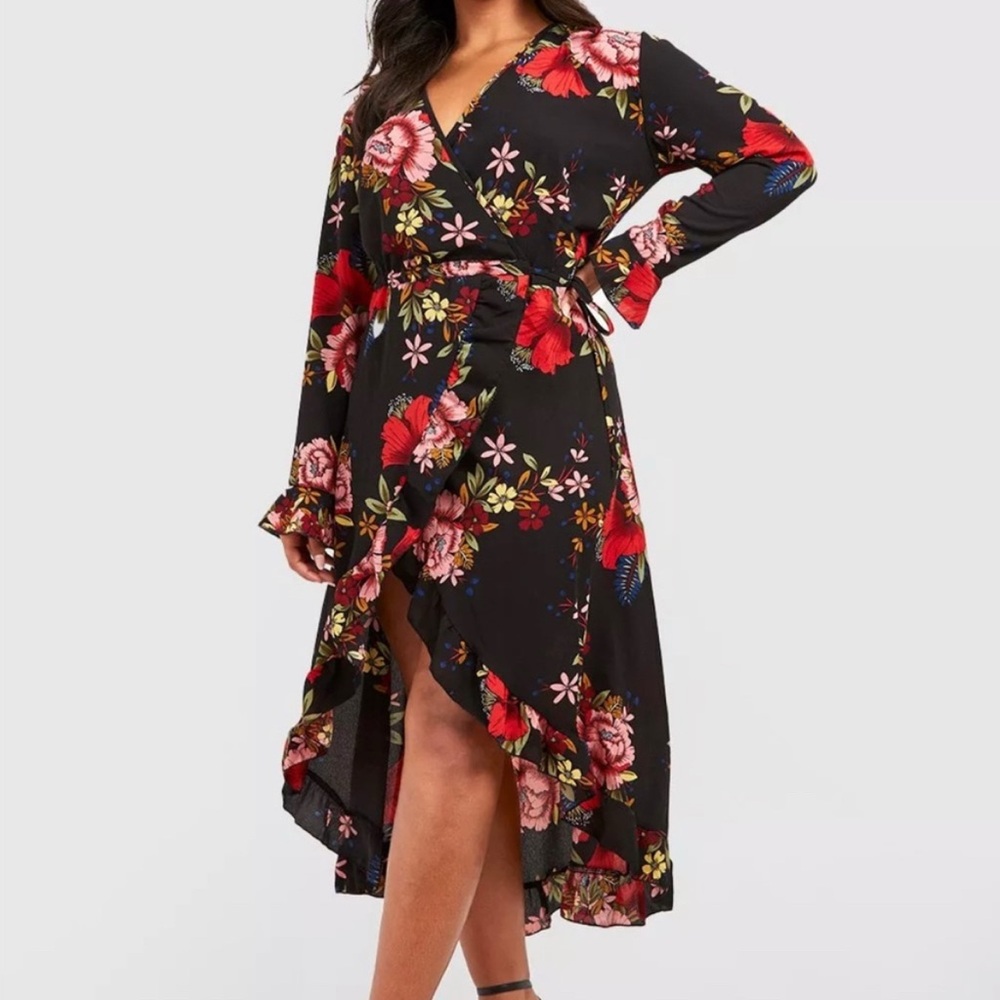 Boohoo Black Dress with Pink Floral Design